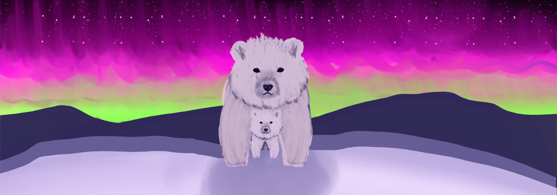 Белые медведи на фоне полярного сияния